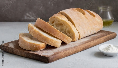 Fresh ciabatta bread sliced on wooden board. Kitchen table. Delicious Italian bakery