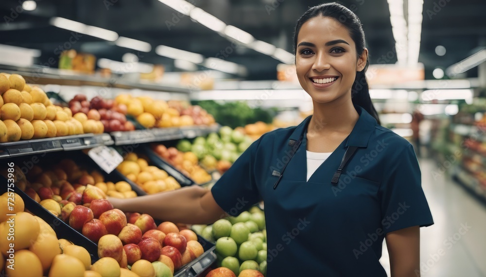 Smiling hispanic female supermarket fruit section worker looking at the camera