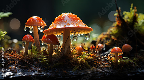 Mushrooms in the forest in drops of dew.  Macro photography photo