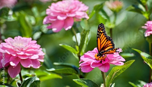 lovely monarch butterflies on pink flowers in a fairy garden summer spring background © Nathaniel