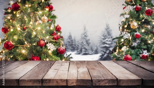 empty wooden table blurred christmas background