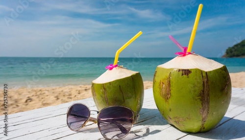fresh coconut drink and summer accessories sunglasses hat on white wood table at sand beach
