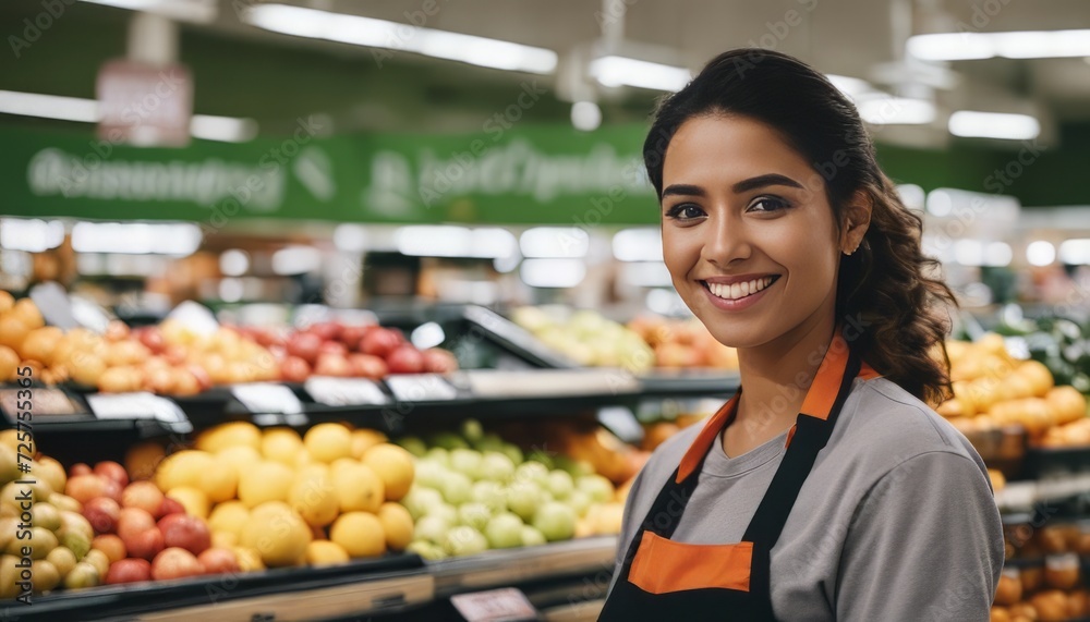 Smiling hispanic female supermarket fruit section worker looking at the camera Smiling hispanic female supermarket fruit section worker looking at the camera