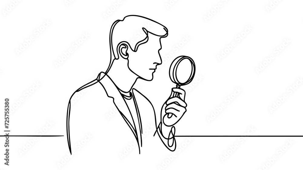 Continuous line drawing of man hold magnifying glass to analyze work, search. Vector illustration Continuous line drawing of man hold magnifying glass to analyze work, search. Vector illustration