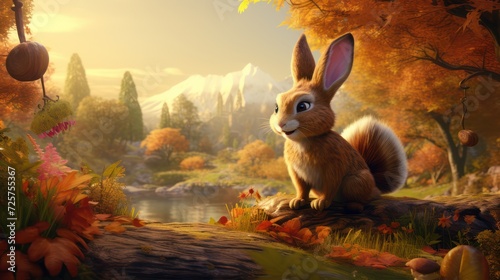 Cartoon children illustration of a rabbit under a trees park with creek in autumn photo