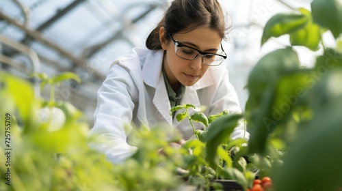 Scientist Examining Plant Growth in Greenhouse. Generative ai