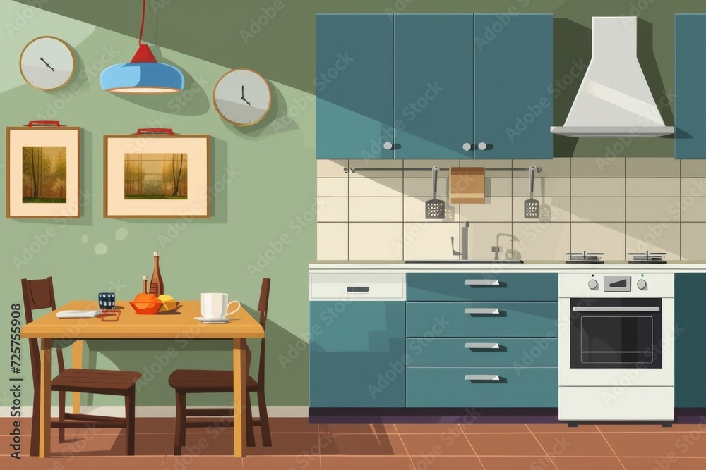 Fototapeta premium A picture of a kitchen with a table and a stove. Can be used to showcase a modern kitchen or for home improvement projects