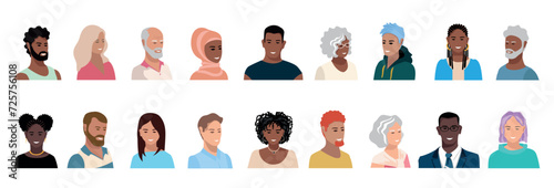 Portraits of happy men and women of different ages and races. Diversity of images and expressions of older and younger people. Vector set of character faces in flat style on a white background.
