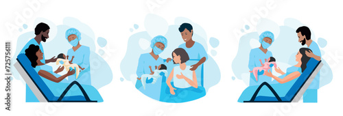 Husband and wife together in the maternity ward after the birth, the midwife shows the parents their baby. Partner births. Pregnancy and childbirth. Set of vector illustrations.