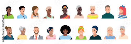 Portraits of happy men and women of different ages and races. Diversity of images and expressions of older and younger people. Vector set of character faces in flat style on a white background.