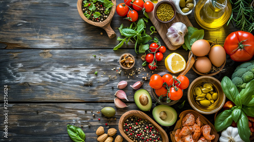 ingredients of the Mediterranean diet organized under on flat lay background
