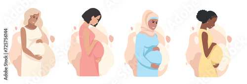 Happy pregnant women look at their belly with a smile and hug it. Pregnancy and childbirth. Set of vector illustrations of expectant mothers in flat style on a white background.