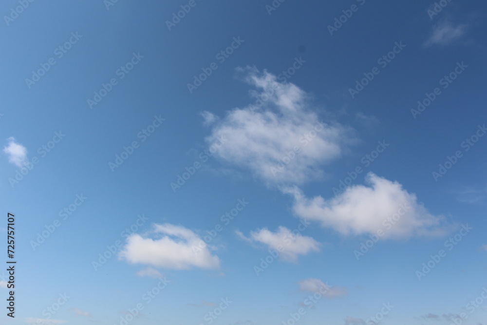 The view of a bright blue sky, with only a few clouds.