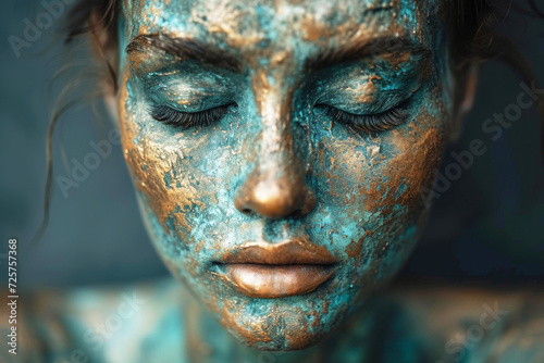 Abstract Textured Female Portrait. Close-up of a woman's face with textured blue paint.