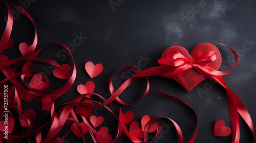 Walentynki 14 lutego - romantyczne ciemne minimalistyczne tło na życzenia. Mockup, szablon z sercem i dekoracjami dla zakochanych. Symbol wyznana uczuć miłości. Kwiaty dla zakochanej kobiety