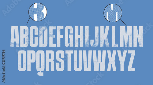 Rough Halftone font bold Condensed Font in all uppercase. Individually textured characters with a halftone texture. 