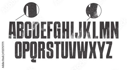 Rough Halftone font bold Condensed Font in all uppercase. Individually textured characters with a halftone texture. 