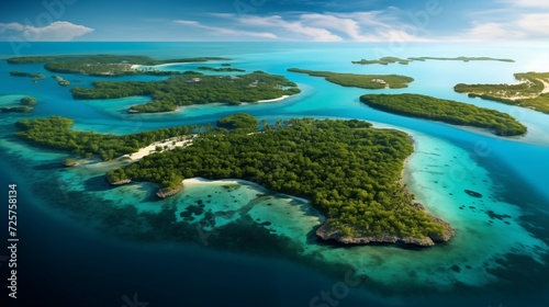 A bird's-eye view capturing the tropical beauty of an archipelago, with lush green islands surrounded by clear turquoise waters photo