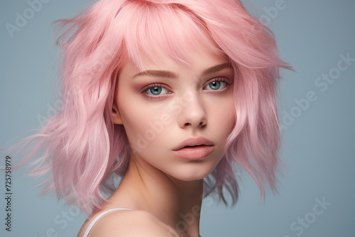 Young pretty woman with punkish pastel pink hair in front of studio background photo