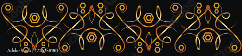 Graphic symmetrical fantasy ornament with swirls and polygons and rhombus. Seamless ornament. Gold gradient on a black background for printing on fabric, applique and postcards.