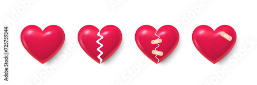 Broken hearts set of 3d realistic icons. Heartbreak with bandage. Love pain hurts, broken love heart icons. Heal relationship with bandage, loneliness hurts, healthy love. Heartbreak plaster. Vector