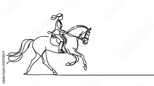 One continuous line drawing of young horse rider woman in action. Equine run training at racing track.