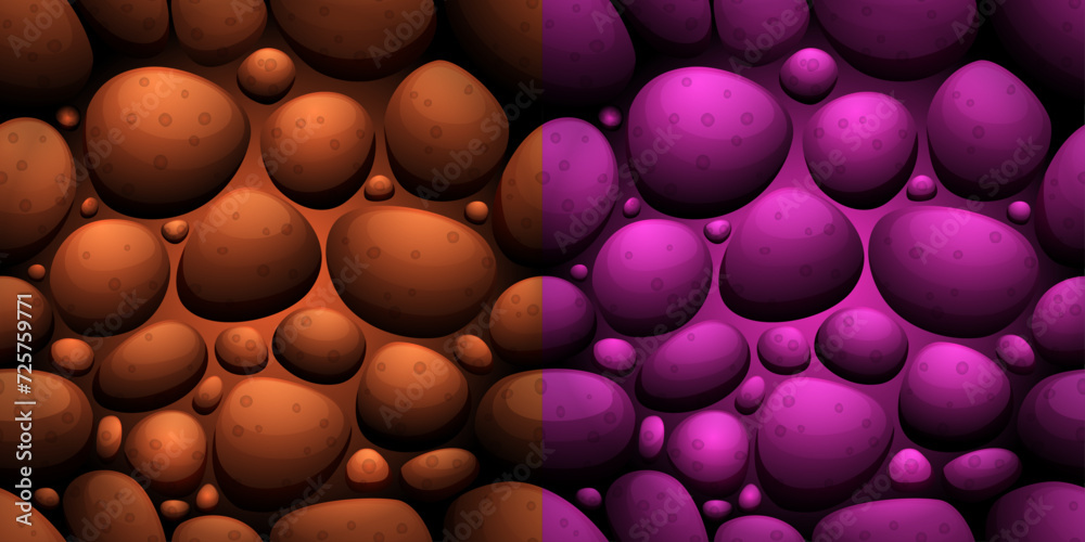 A background of stones of different shapes and sizes in shades of purple and brown. Smooth, shiny surface with light reflection. Stock vector illustration. A background of stones of different shapes and sizes in shades of purple and brown. Smooth, shiny surface with light reflection. Stock vector illustration.