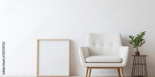 Empty blank picture frame on white wall in modern Scandinavian interior with chair.
