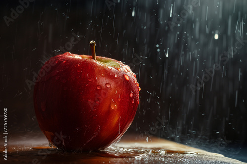Frischer Apfel mit Wassertropfen vor dunklem Hintergrund photo