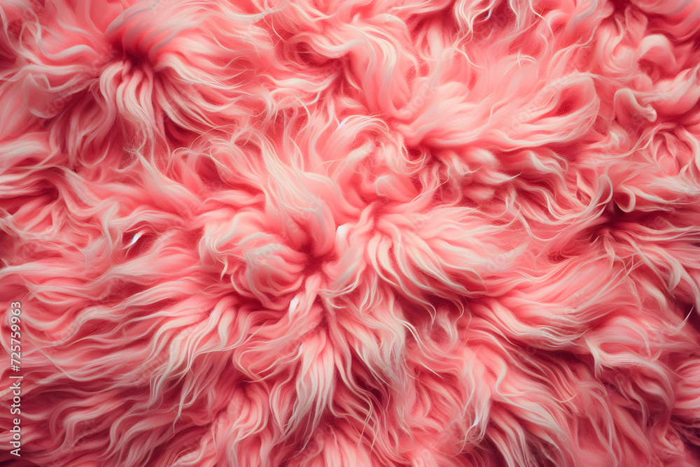 Pink fur texture top view. Pink sheepskin background. Fur pattern. Texture of pink shaggy fur. Wool texture. Sheep fur close up