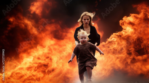 Mother and child run away from an explosion and fire in the background. War, technological disaster, earthquake concept.