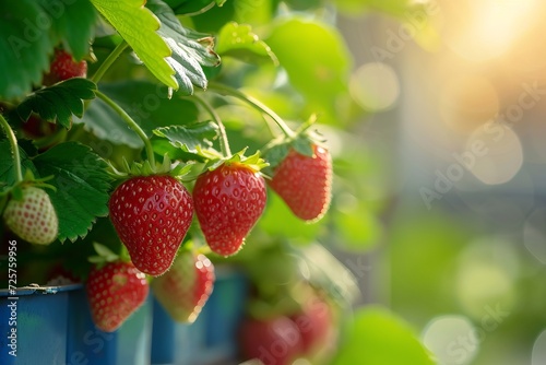 Strawberries growing on the balcony. Generative AI
