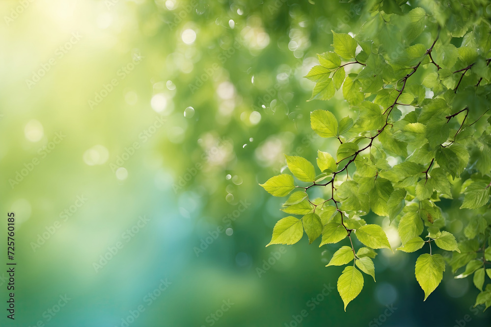 Green leaves on a blurred background of greenery. Beautiful leaf texture in sunlight. Background natural green landscape of plants.