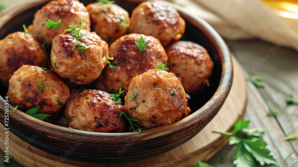 A wooden bowl filled with meatballs covered in parsley. Perfect for recipes, cooking blogs, or restaurant menus A wooden bowl filled with meatballs covered in parsley. Perfect for recipes, cooking blogs, or restaurant menus