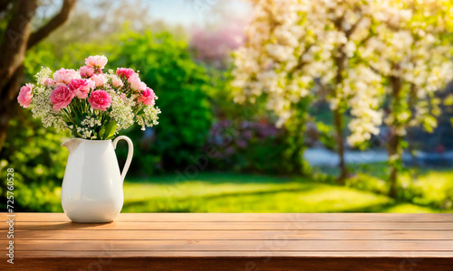 wooden table on the background of the garden. Selective focus.