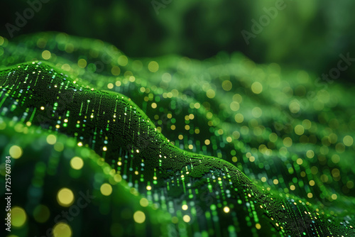 Abstract image of neon green matrix-like digital lines representing network technology.