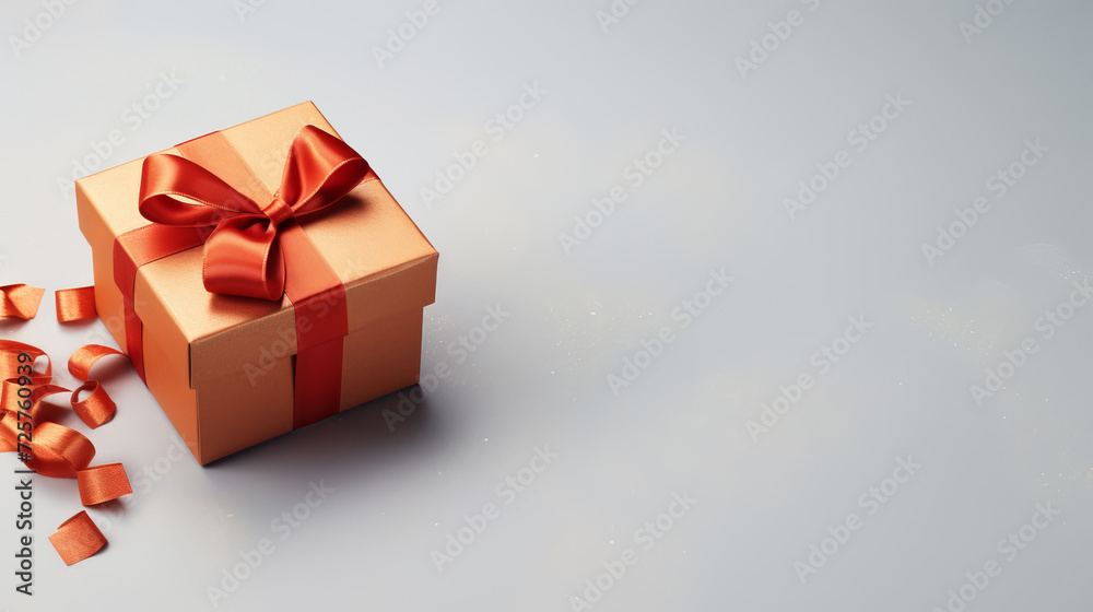 Fototapeta premium gift box in the form of a cubic orange box with a light orange ribbon on a light gray background
