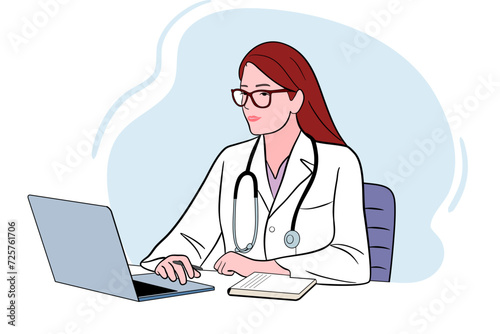 Female doctor character utilizing laptop for efficient medical practice, integrating technology into her work, enhancing patient care and support.