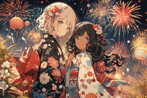 anime girls, Chinese holiday, fireworks photo