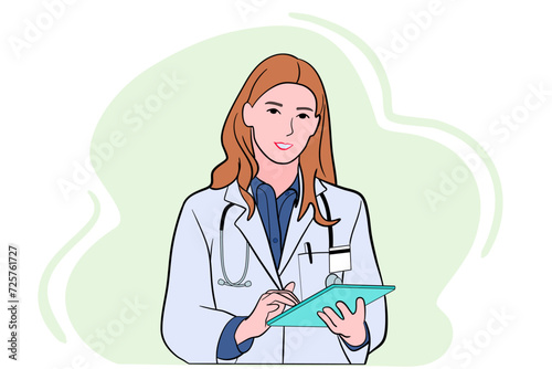Female caucasian doctor in white medical uniform fill patient medical history or anamnesis on tablet in hospital, woman GP or physician consult client online on pad in modern clinic, healthcare concep