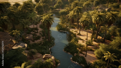 A bird s-eye view capturing the lush greenery of palm trees surrounding a tranquil desert oasis