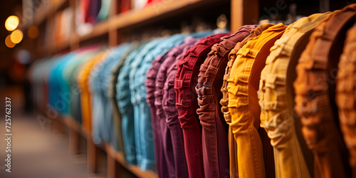 Row of fashionable women A variety of vibrant shirts Clothing on hangers in a shop or store on wooden hanger or rack in a clothing boutique retail shop concept apparel background.