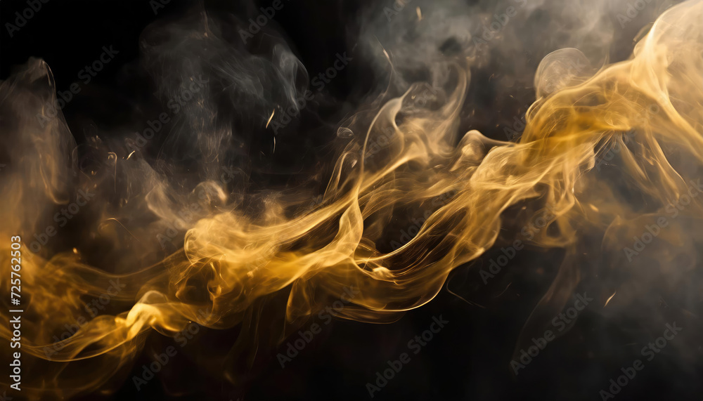 golden smoke floating over black background, screen effect, overlay, texture. - obrazy, fototapety, plakaty 