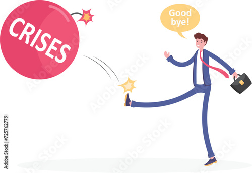 Easy going man kicking crisis ball away like as soccer ball, success crisis business concept

