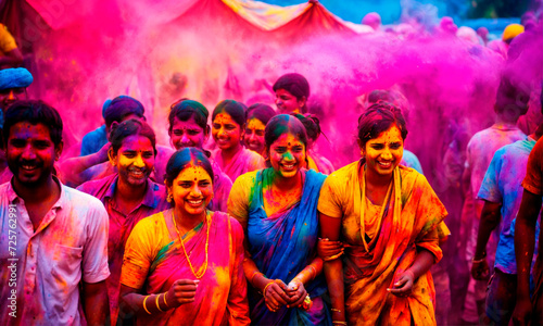 people in india dance during holi festival. Selective focus.