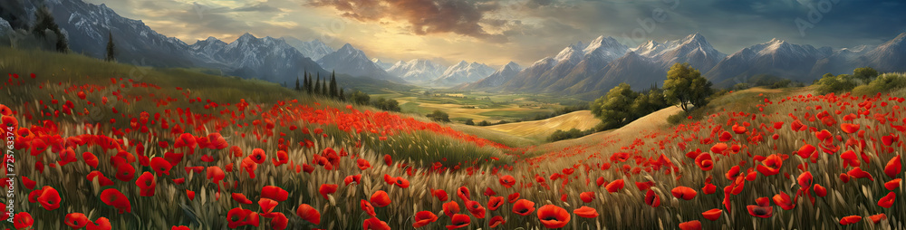 painting of red poppies and daisies in a field.