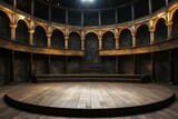 The interior of an old theater with wooden floor and a stage