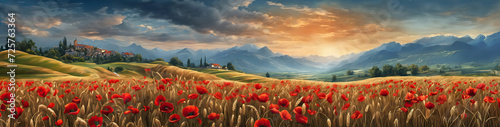 Fototapeta painting of red poppies and daisies in a field.