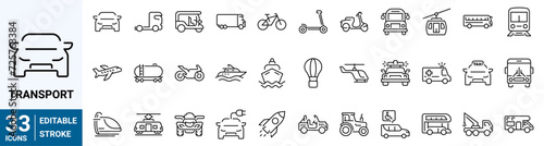 Transport web line icons. Containing car, bike, plane, train, bicycle, motorbike, bus and scooter. Editable stroke. Vector illustration