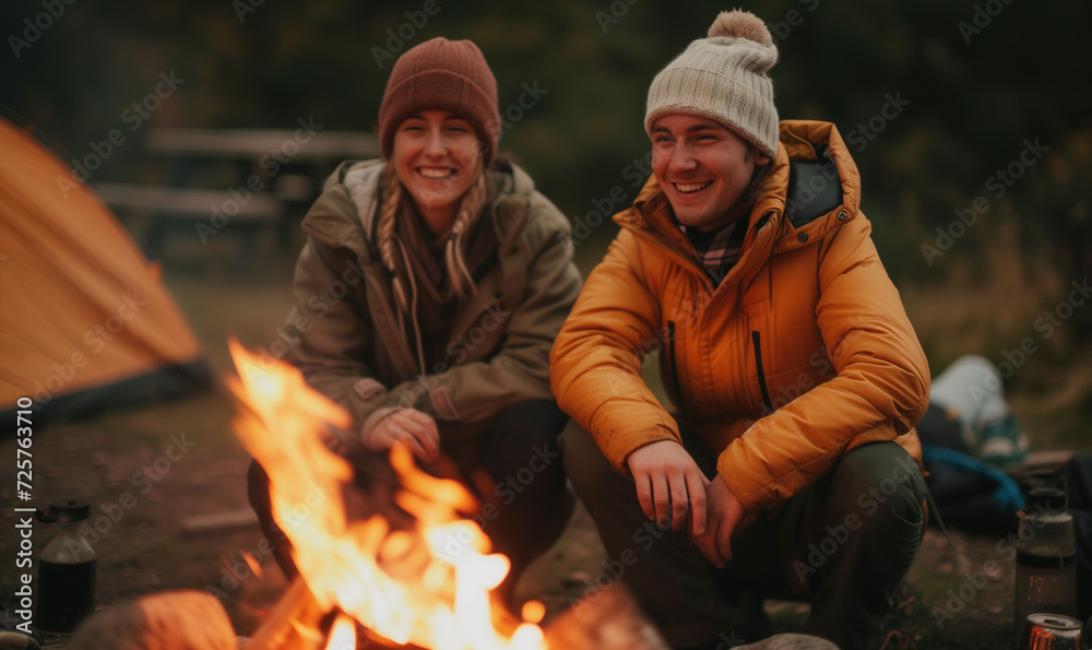 Man Woman Couple Camping Around Campfire Fire Man Woman Couple Camping Around Campfire Fire